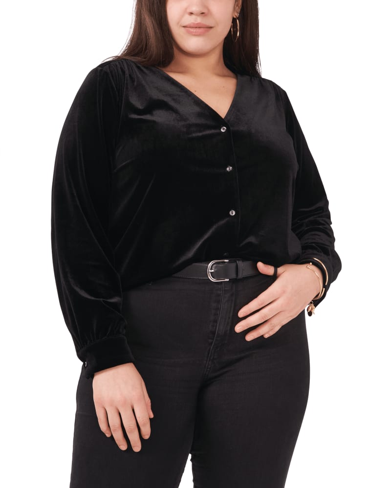 Front of a model wearing a size 0X Luna Velvet Button Front Top in RICH BLACK by 1.State. | dia_product_style_image_id:262173